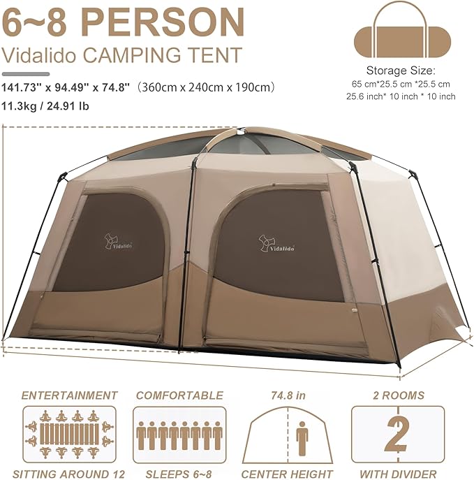 Vidalido Tents6-8 Person Camping Tent with Extended Vestibule2 Room Weather Resistant Family TentsEasy Install Waterproof Outdoor Tent for Backpacking and Camping Hiking