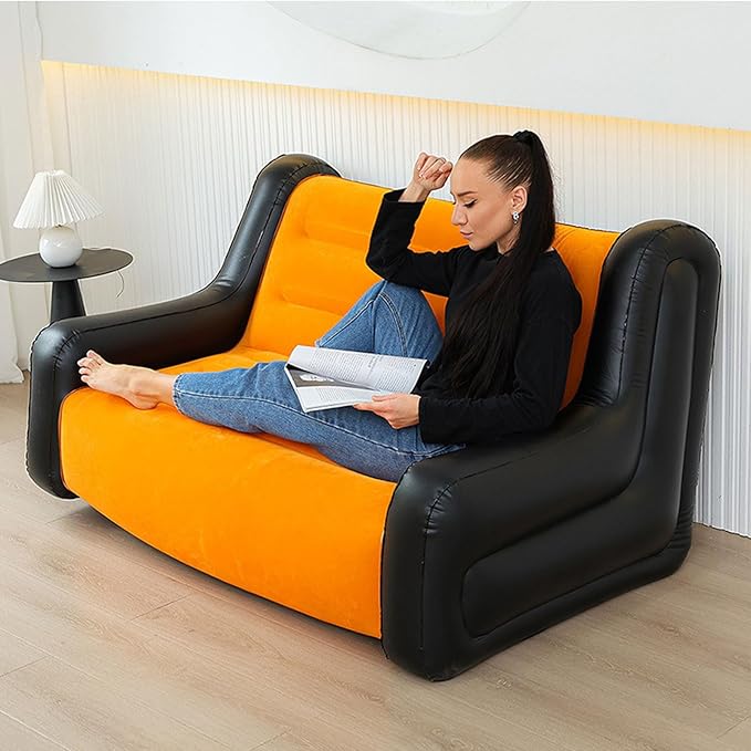 Inflatable Sofa Blow Up Couch 2 Seat Flocked PVC for Indoor Outdoor Use with Armrests Supports 150kg