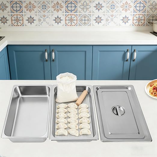 A Set of Full Size 4 in Steam Table Pan and 2.6in Perforated Pan with Lid Hotel Pan Food Warmer Pan Buffet Tray Servers Pans for Catering Kitchen Restaurant Supplies