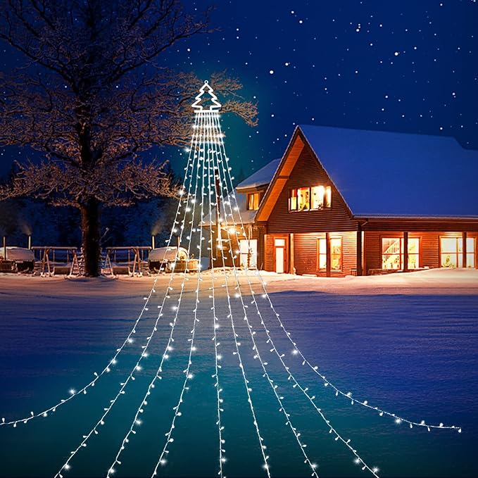 PUHONG Christmas Decoration Outdoor Christmas Tree Lights 320 LED 16.4Ft Outdoor Fairy Topper Lights[8 Modes &amp Waterproof] with 11 Lighted Xmas Tree for Halloween Xmas New Year Holiday(White)