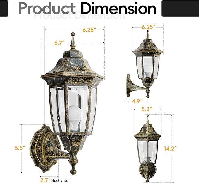 EMART Outdoor Front Porch Light Exterior Anti-Corrosion Waterproof Aluminum &amp Glass Shades Wall Lamp Fixture Modern Sconce Lantern for Outside House Garage - 2 Pack Gold （Bulb Included）