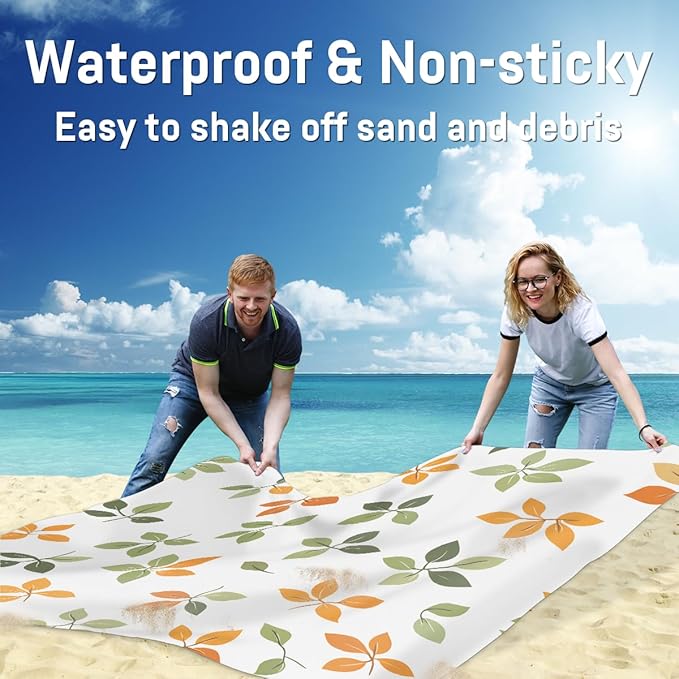 Waterproof Sandproof Beach Blanket 59''×68'' Creative Colored Leaves Polyester Outdoor Picnic Blanket with 4 Stakes &amp Storage Bag for BeachCampingVacation