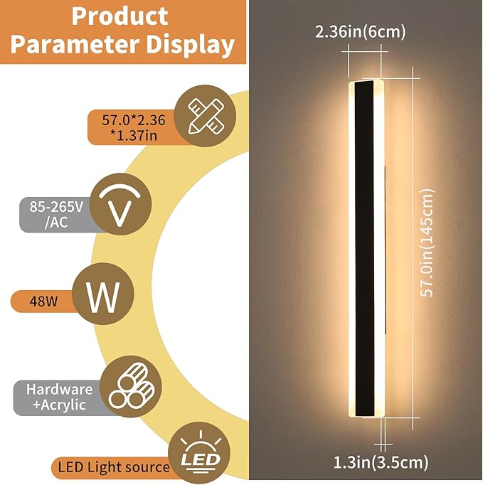 57inch Modern Outdoor Wall Sconce 3 Color 3000K/4500K/6000K 50W IP65 Waterproof Outside Long Wall Lights Minimalist Linear Wall Lamp Lighting for Balcony Patio Porch Garage