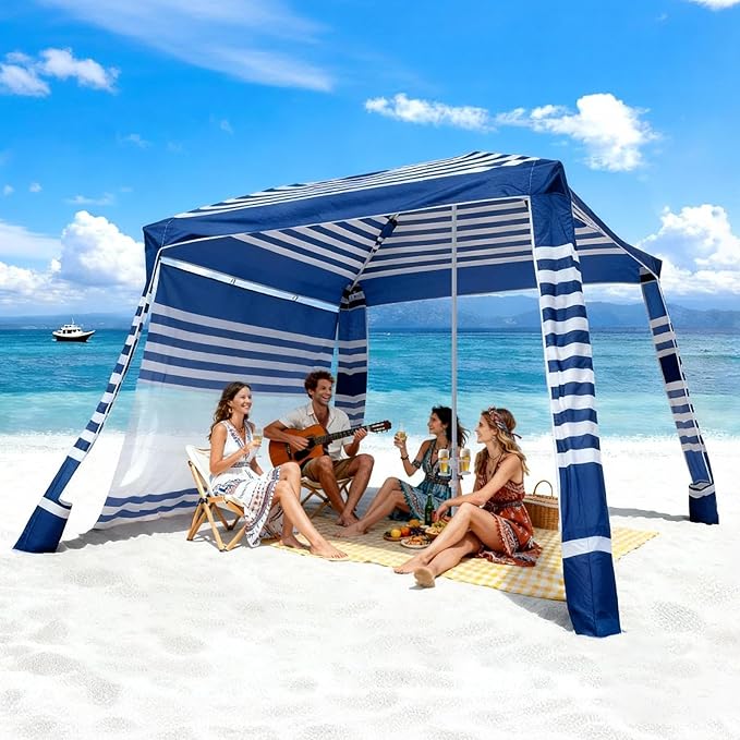 VEVOR Beach Cabana 8 x 8 ft Beach Canopy with Side Wall UPF 50+ Protection Easy Setup Cabana Tent with Sand Pockets Adjustable Height Portable Shade Sun Shelter Umbrella for Family Navy Stripes
