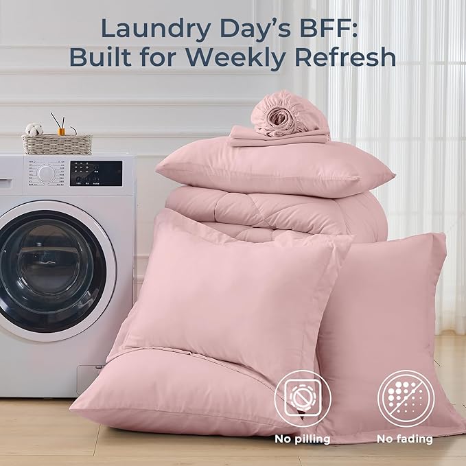 HEVUMYI Dusty Pink Cali-King Comforter Set - 7-Piece All Season Bed in a Bag Cali-King Ultra Soft Bedding Set with Comforter Flat Sheet Fitted Sheet Pillowcases Pillow Shams
