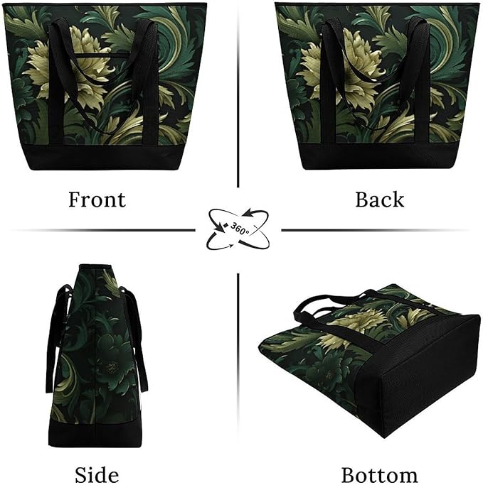 Insulated Shopping BagLarge Reusable Cooler Bags Dark Green And Green Style Printed Foldable Shopping BagTravel Waterproof Shoulder Bag