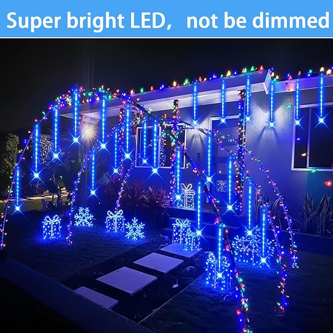 Blue Christmas Icicle Lights Outdoor: 40 Tube(Equivalent to 5 Sets of 8-Tubes) Meteor Shower Rain Lights - Waterproof Christmas Halloween Decorations for Yard Outside Tree Roof UL Plug