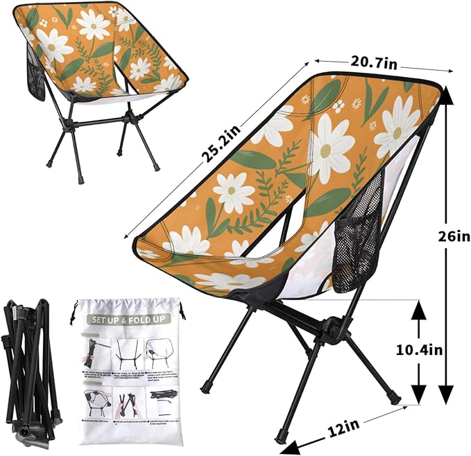 Honeybaby Folding Camping Chair Cute Daisy Flowers Camping Chairs Lightweight Portable Chair Outdoor Foldable Chairs for Camping Travel Picnic Beach Hiking