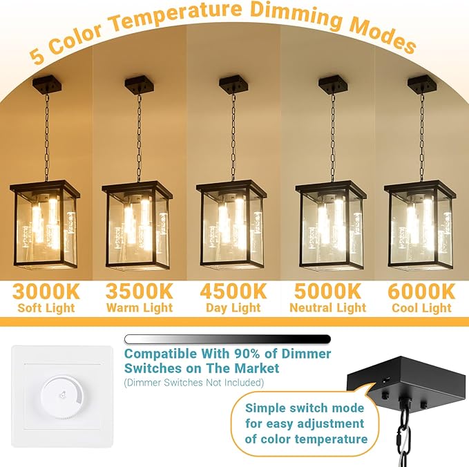 LOUSACE Modern LED Outdoor Pendant Light for Porch Large 4 Lights Exterior Hanging Light Fixtures 5CCT Dimmable Black Outside Chandelier Pendant Porch Lights with Clear Glass for Entrance Foyer