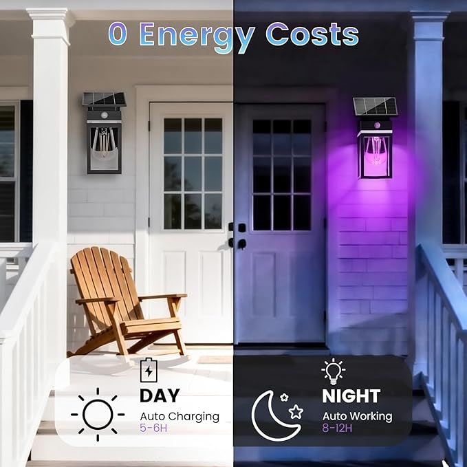 RGB Solar Wall Lights Outdoor Dusk to Dawn &amp Motion Sensor Porch Light with Lantern Shape 10 Modes (RGB Cycle/Fixed) IP65 Waterproof E26 Bulb Exterior Sconce for Front Porch Garage Patio
