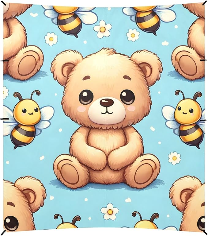 Cute Teddy Bear Sit with Bee on Blue Background Camping Sun Shelter Beach Tent Portable Beach Sun Shade Outdoor Canopy for Camping Trips Fishing Picnic
