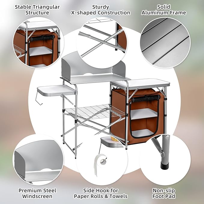 GYMAX Aluminum Portable Camping Kitchen Folding Cooking Table with 26 Tabletop Detachable Windscreen &amp Carrying Bag Outdoor Grill Table for BBQ Backyards