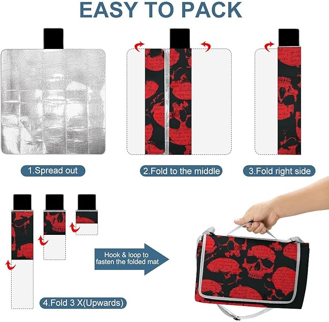 Black and White Gothic Skull Damask Pattern Waterproof Outdoor Picnic Blanket Sandproof Beach Mat for Camping Hiking Grass Travelling