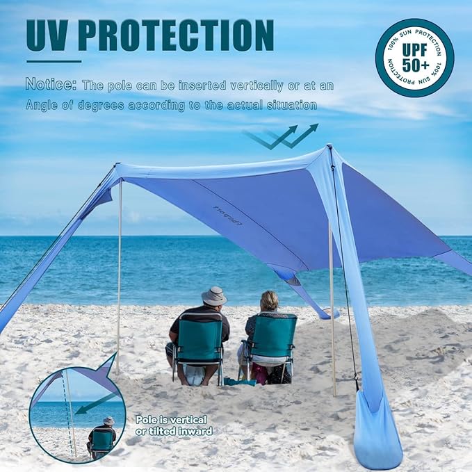 FBSPORT Beach Tent Sun Shelter Portable Beach Shade Canopy UPF50+ with Sandbags for Outdoor Family Camping Fishing Backyard Fun Picnic 7 x 7ft