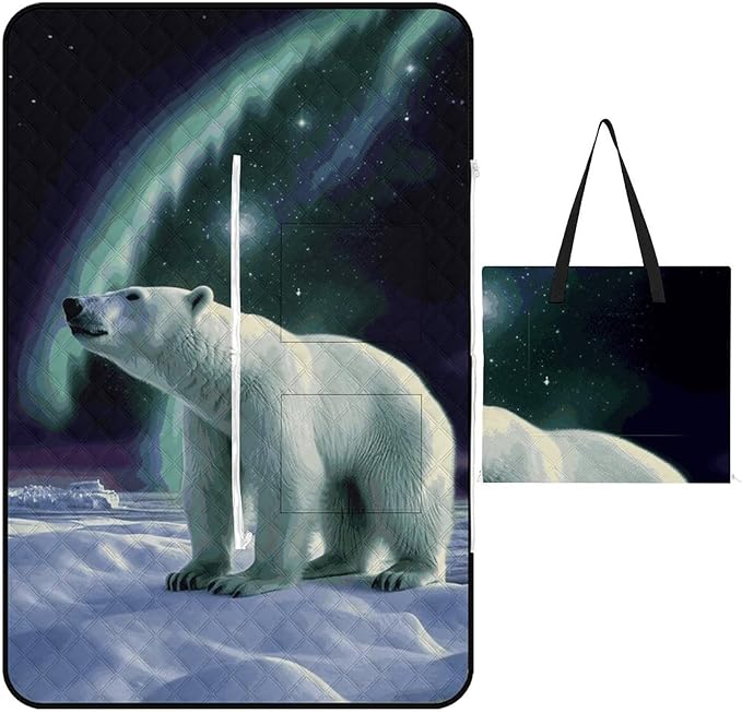 Zipper Polar Bears Northern Lights Style Picnic Mat Suitable for Travel Camping Park Or Home Use