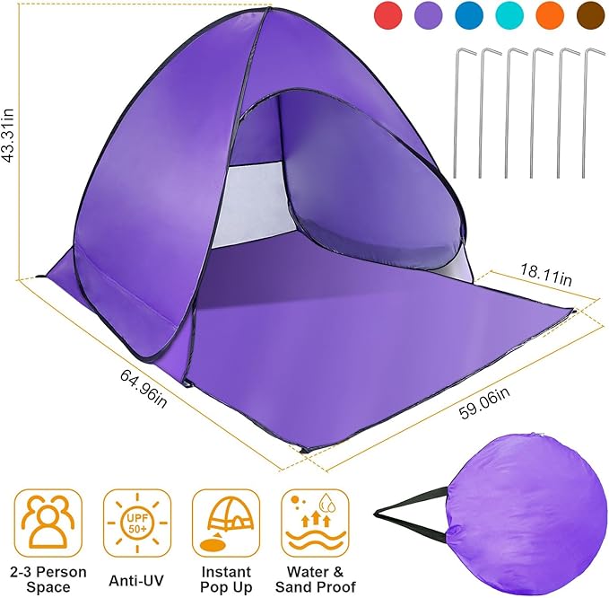 Pop Up Beach Tent Anti UV Automatic Sun Shelter Umbrella Portable Sun Shade Shelter for 2-3 People Outdoor Instant Pop Up Beach Shade Tent with Carrying Bag