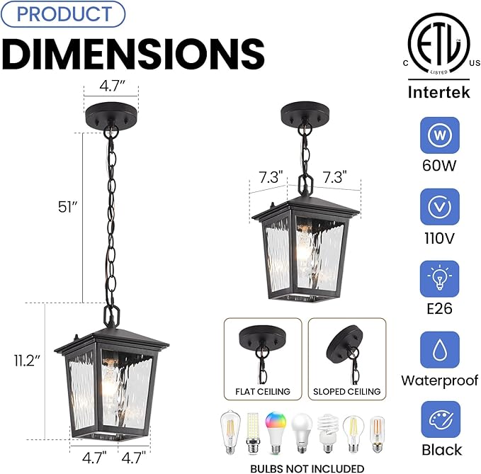 Outdoor Pendant Light Black Outdoor Porch Light fixtures with Anti-Rust Exterior Hanging Lantern Height Adjustable Outside Chandelier with Water Glass for House Patio Garage