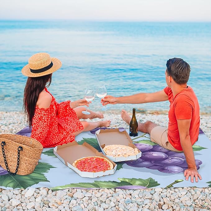 Waterproof Sandproof Beach Blanket 59''×68'' Fruits Grapes Polyester Outdoor Picnic Blanket with 4 Stakes &amp Storage Bag for BeachCampingVacation Purple