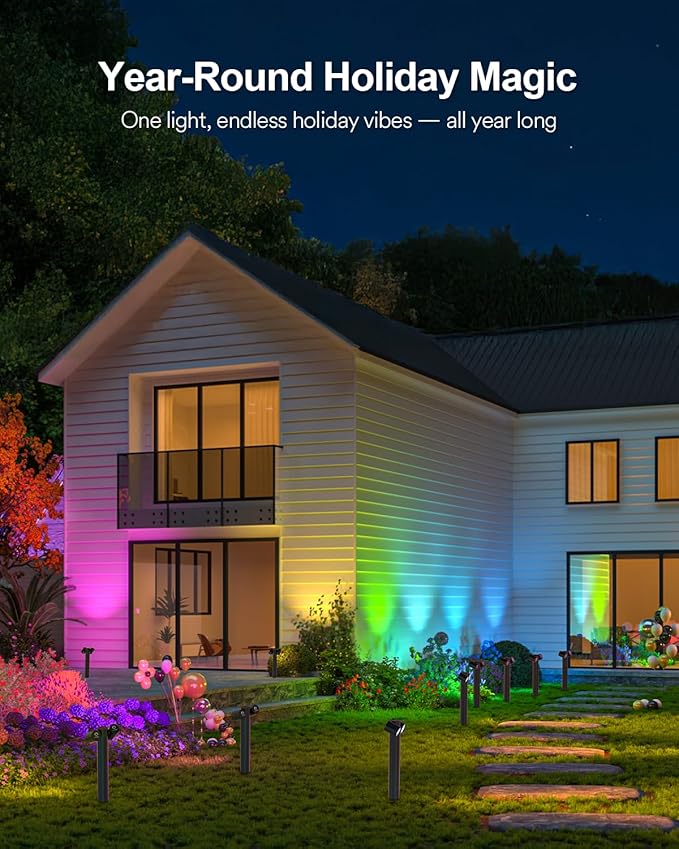 Lumary Smart Pathway Lights Pro 700LM RGBAICW Color Changing Landscape Lights with 8 Adjustable 355° Spot Lights IP65 Waterproof 48FT Wired Outdoor Landscape Lighting WiFi APP/Voice/Remote (4 Pack)