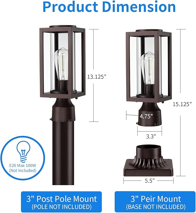 Outdoor Post Lights Lamp Post Light Fixture 2 Pack Modern Brown Exterior Post Lantern Fixture with Tempered Glass Anti-Rust Light Posts for Outside for Driveway Patio Garden