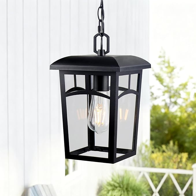 Outdoor Hanging Light Farmhouse Black Porch Pendant Lantern with Clear Glass E26 Base Modern Exterior Chandelier for Front Door Patio Entryway Gazebo Backyard