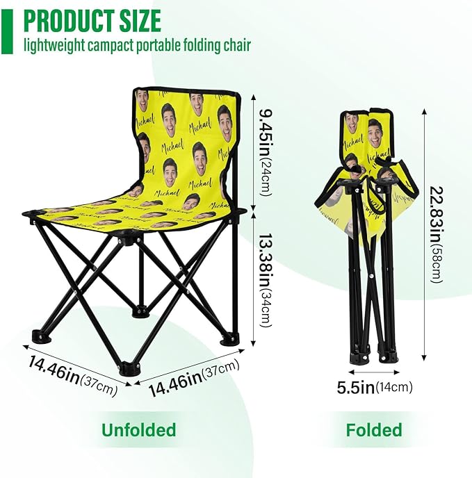Sinestour Yellow Custom Photo Folding Camping Chair for Teen Child Personalized Name 14.6×14.6in Portable Outdoor Chair with Carry Bag for Beach Picnic Travel