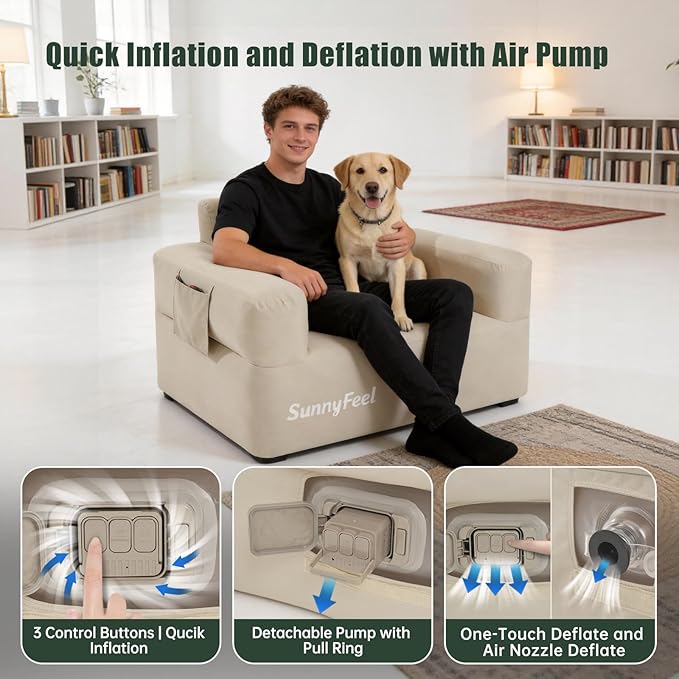 SUNNYFEEL Inflatable Sofa Chair Heavy Duty 330LBS Portable Air Sofa with Built-in Pump 1000D Oxford Fabric for Camping Beach &amp Travel (Beige-Single)