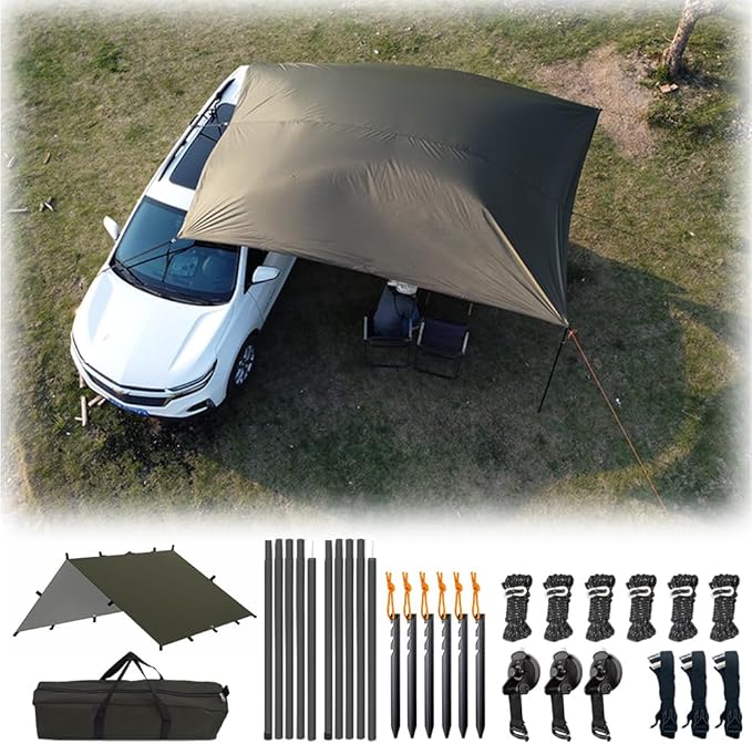 Car Awning Camping SUV Sun Shelter Waterproof Universal Tent Canopy Anti-UV for Van Campervan Caravan Truck Vehicle (Olive Green 118X118)