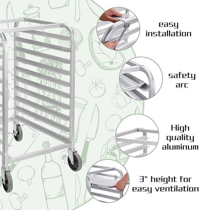HALLY SINKS &amp TABLES H Bun Pan Rack 10 Tier with Wheels Commercial Bakery Racking of Aluminum for Full &amp Half Sheet - Kitchen Restaurant Cafeteria Pizzeria Hotel and Home 26 L x 20 W x