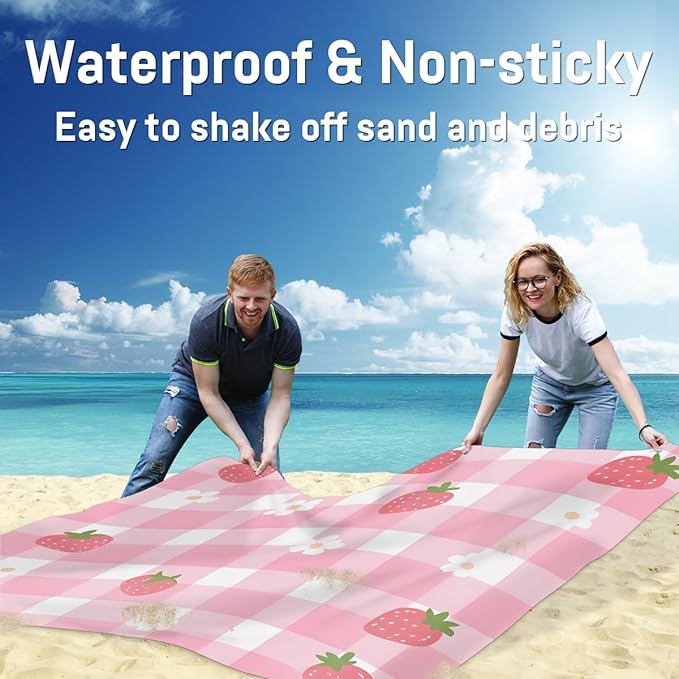 Waterproof Sandproof Beach Blanket 59''×68'' Pink Check Pattern Polyester Outdoor Picnic Blanket with 4 Stakes &amp Storage Bag for BeachCampingVacation