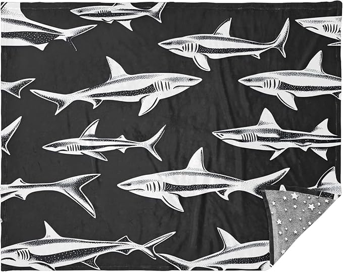 Soft Throw Blanket Shark Silhouette Black White Teen Throw Blanket 50'' x 70''