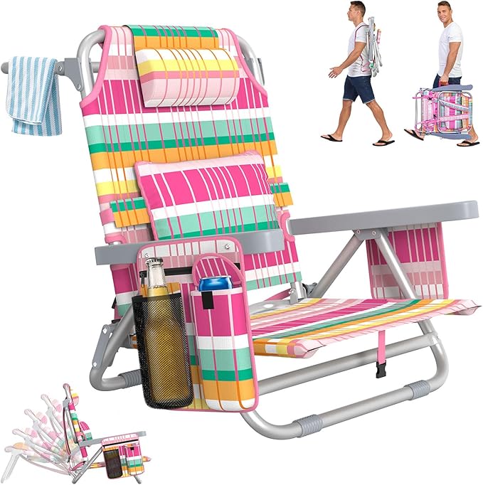 Suteck Beach Chair Adjustable 5-Position Backpack Beach Chairs for Adults Kids Foldable Lay Flat Chair with Cooler Bag Cup Holder and Lumbar Pillow Reclining Lay Down Chairs for Lawn Outdoor