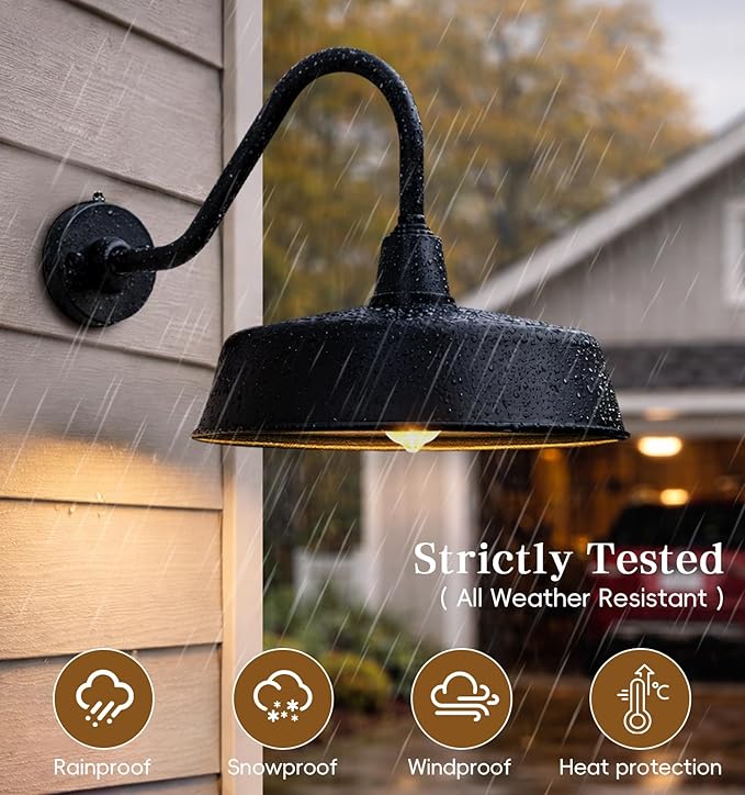 15 Inch Large Extended Arm Outdoor Barn Lights Dusk to Dawn Galvanized Material Waterproof and Rustproof Farmhouse Lighting Fixtures Suitable for Porch Garage Outdoor Gooseneck Lights.