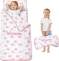 Personalized Boho Rainbow Toddler Nap Mat with Pillow and Blanket Custom Name Kids Sleeping Bag for Daycare Preschool Napping Mats for Girls Kids Slumber Bags Sleep Padded Easy Roll Up