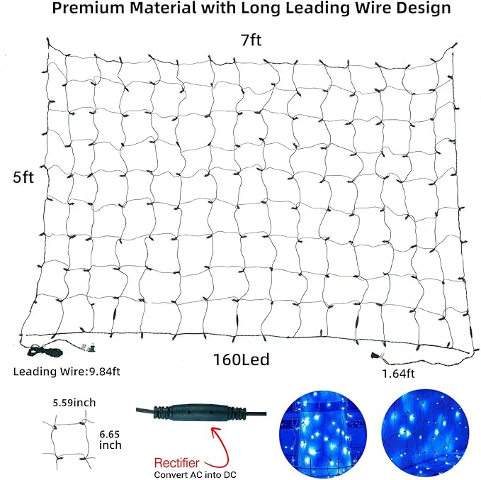 Led Christmas Net Lights Blue Outdoor Christmas Lights 160LED 5ftx7ft Waterproof Outdoor Indoor Fairy Mesh Net Light for Xmas Party Yard Patio Trees Shrubs Bushes Decorations