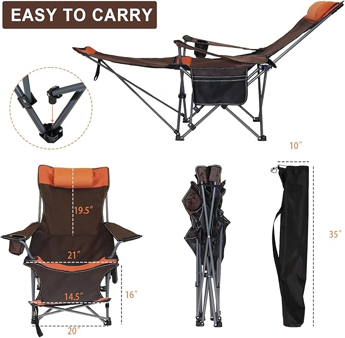 Camping Lounge Chair with Headrest Footrest and Storage Bag Portable Folding Reclining Camping Chair with Foot Rest for Adults Outdoor Camping Beach Hiking Fishing (Orange Brown)