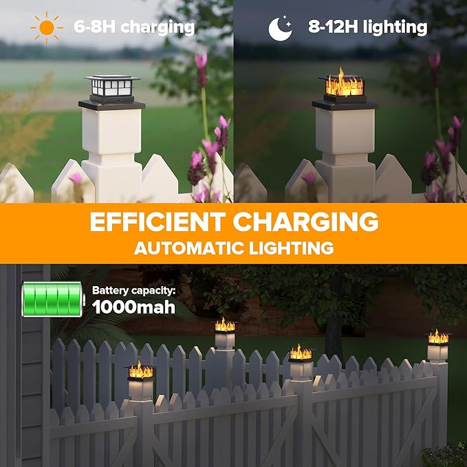 LUTEC 6 Pack Solar Post Cap Lights IP65 Waterproof Solar Flame Fence Post Lights for 4x4 5x5 6x6 Wooden/Vinyl Posts Flickering Flame Warm White 3000K LED Lighting Decor for Yard Patio Deck Black