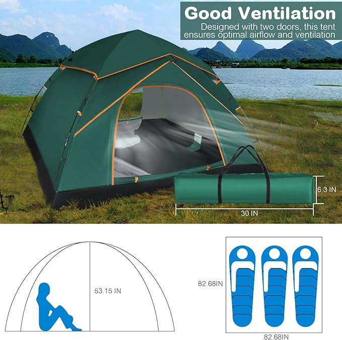Pop Up Tents for Camping 2-3 Person Camping Tent 60s Automatic Easy Setup Dome Tent Waterproof Family Camping Tents Lightweight Tents for Camping Hiking Backpacking Fishing Hunting