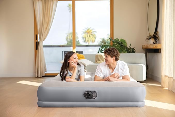 Intex 64117ED Dura-Beam Standard Pillow Rest Air Mattress: Fiber-Tech – Queen Size – Built-in Electric Pump – 12in Bed Height – 600lb Weight Capacity