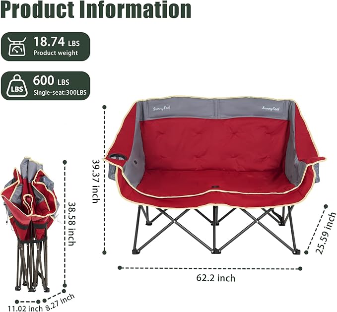 SUNNYFEEL Heated Double Camping Chairs Padded Loveseat Chair for 2 Person Heavy Duty Oversized Camping Couch 600lbs for Adults Portable Outdoor Lawn Chair with Cup Holder for Outdoor Patio RV Camping