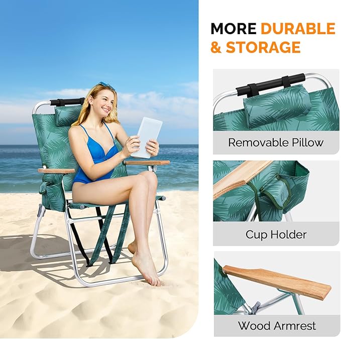 VINGLI Aluminum 17 Backpack Beach Chair – Tall Beach Chairs for Adults Portable with Adjustable Straps 3-Position Reclining Cup Holder High Lightweight Beach Chairs for Beach