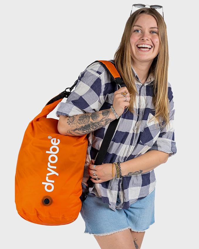Dryrobe Travel Compression Bag - Large Compact Waterproof Bag for Travel &amp Sports Storage - Wet Bags for Swimming/Surfing/OCR - Stuff Sack for Wet Clothes with Roll Up Closure - 33 L - Orange