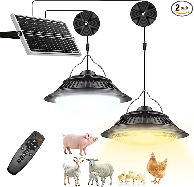 Solar Shed Lights Indoor 2 Pack 3200K/4000K/6000K Dimmable Daytime Available Pendant Lights Outdoor with ON Off Switch &amp Remote Solar Powered Hanging Chandelier Lights for Home Barn Garage