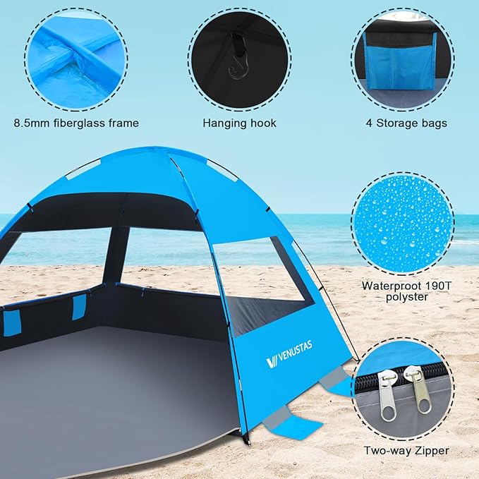Venustas Beach Tent Sun Shelter for 3/4-5/6-7/8-10 Person UPF 50+ UV Protection Beach Canopy Lightweight and Easy Setup Cabana Portable Shade Tent