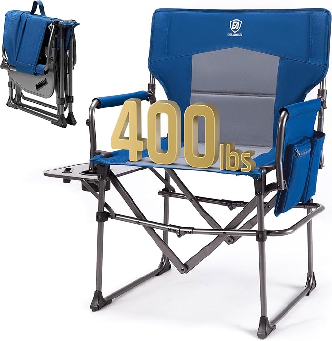 EVER ADVANCED Camping Directors' Chair with Side Table Portable Folding with Compact Size Heavy Duty Lawn Chair with Pocket for Camping Lawn Sports and Fishing 400lbs Blue