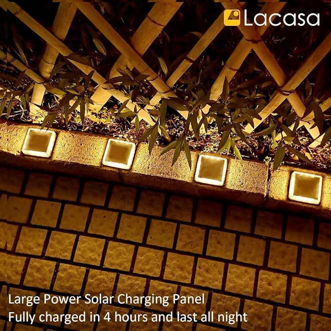 Lacasa Solar Deck Lights 4 Pack Warm White Outdoor In-Ground Driveway Walkway Dock IP68 Waterproof Solar Powered Stair Step Pathway Fence Auto On/Off LED for Garden Yard Patio