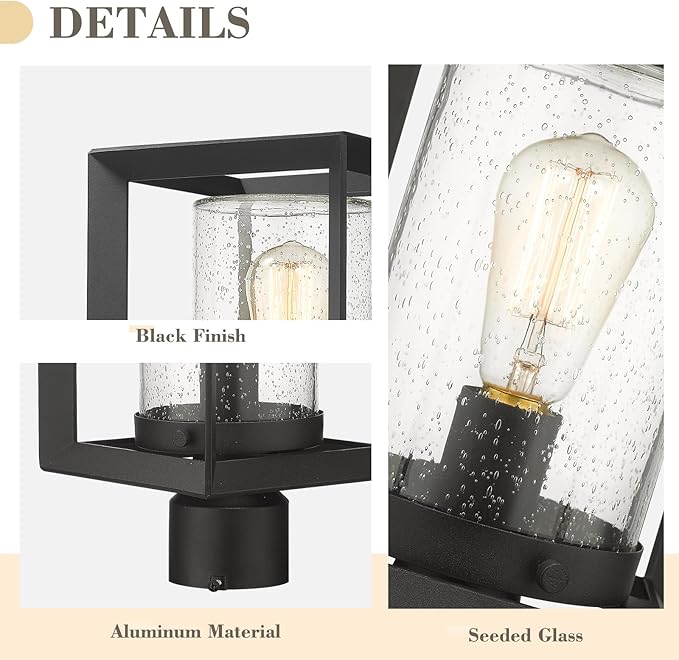 Emliviar Post Lights Outdoor Fixture 1-Light Lamp Post Lantern Black Finish Seeded Glass 2083P BK