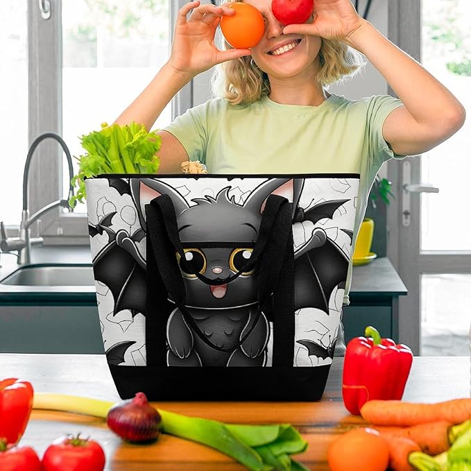 Insulated Shopping BagLarge Reusable Cooler Bags Cute Bat Printed Foldable Shopping BagTravel Waterproof Shoulder Bag