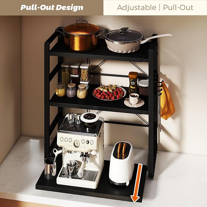 3-Tier Microwave Rack - Height Adjustable &amp Extendable Kitchen Shelf with Drawer - Carbon Steel - Includes Hooks &amp Reinforcement Suction Cups Baker's Rack (Black)