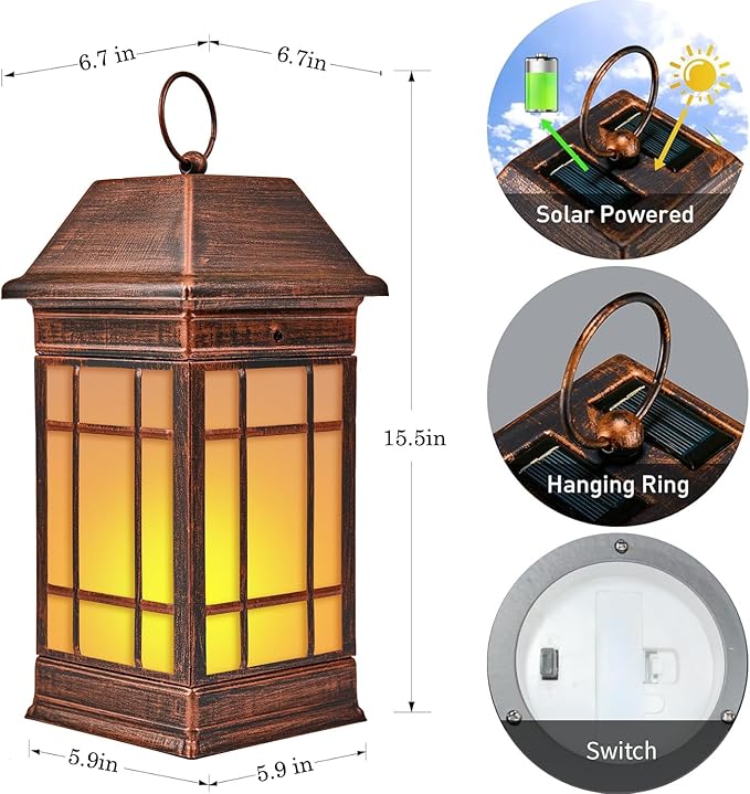 15.5 Solar Lantern Outdoor Waterproof Glass Flickering Flame Solar Lanterns Hanging Metal Lantern Decorative for Patio Front Porch Garden Backyard Tabletop Party Decoration